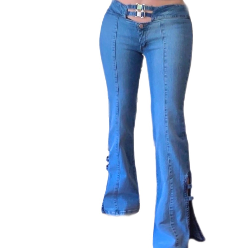 2000's Super Ultra Lowrise Pocketless Flare Jeans w/ Buckle Closure & Cut Outs!